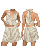 Striped Loungewear Set With Tie Up Halter Top And Elastic Waist Shorts