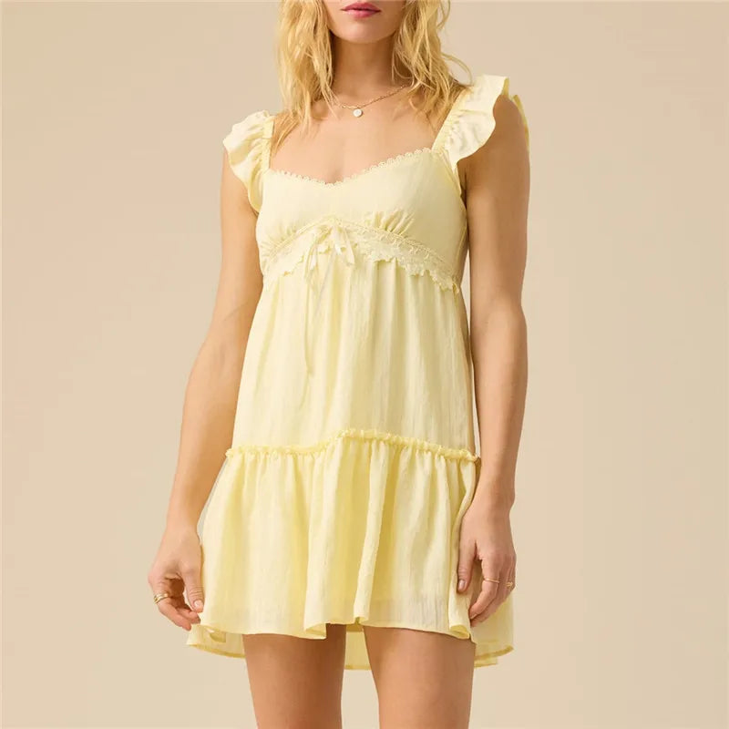 Women's Ruffle Sleeve Lace Trim Babydoll Mini Dress V Neck Tiered Swing with Smocked Back