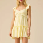 Women's Ruffle Sleeve Lace Trim Babydoll Mini Dress V Neck Tiered Swing with Smocked Back