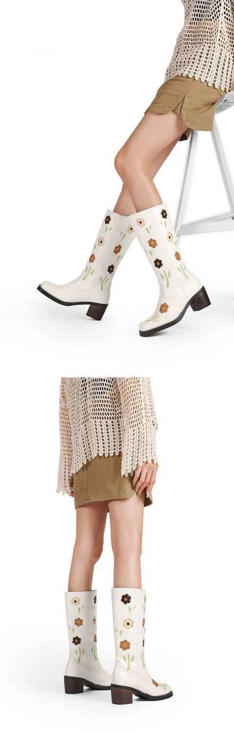 Floral Embroidered Block Heel Boots