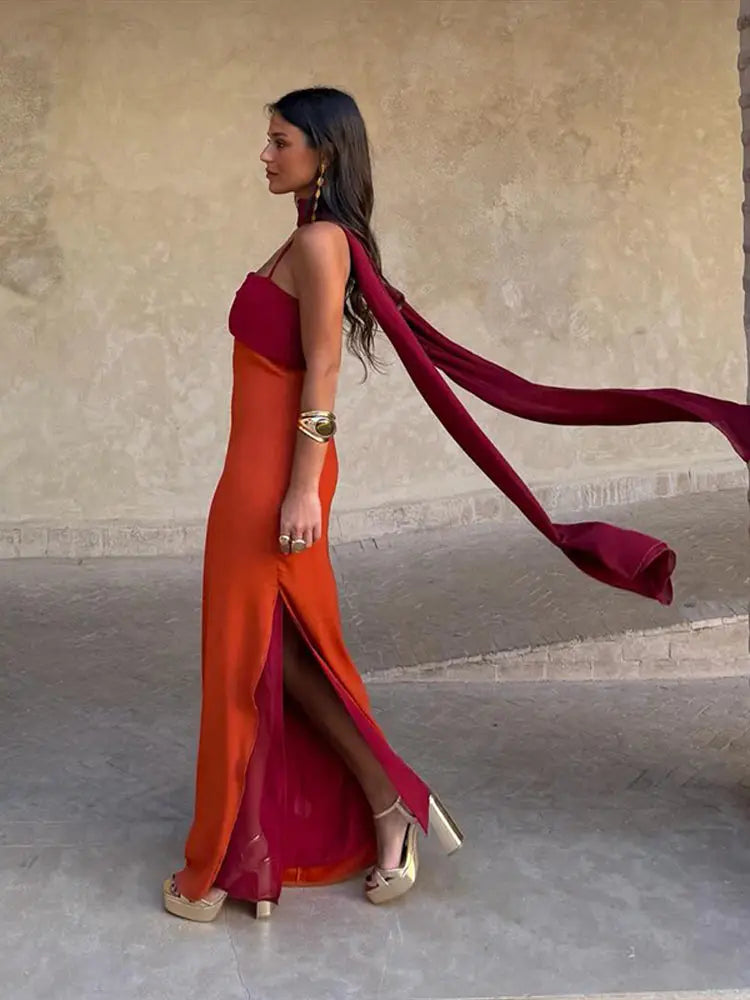 Orange Color Blocking Scarf Collar Maxi Dress For Lady Sleek Cinched Waist Bodycon Silhouette