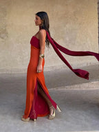 Orange Color Blocking Scarf Collar Maxi Dress For Lady Sleek Cinched Waist Bodycon Silhouette