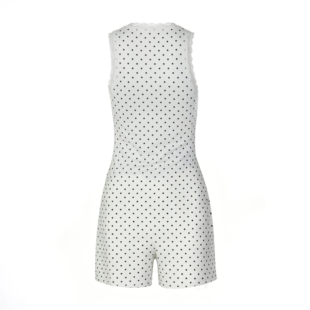 Summer Jumpsuit Polka Dot Lace Patchwork Square Neck Sleeveless