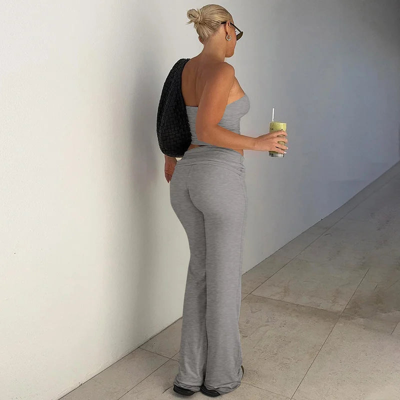 Strapless Crop Top And High Waist Ruched Flare Pants Set