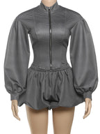 Stripe Zipper Cardigan And Ruched Mini Skirt Set
