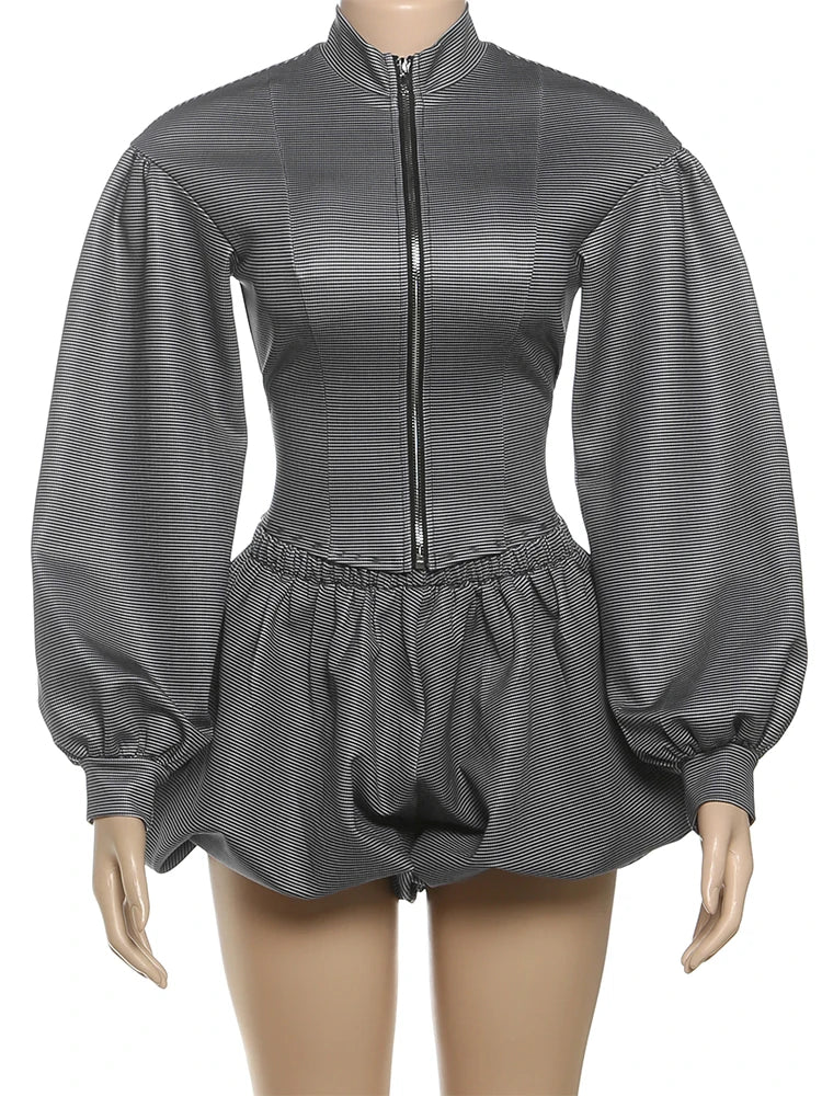 Stripe Zipper Cardigan And Ruched Mini Skirt Set
