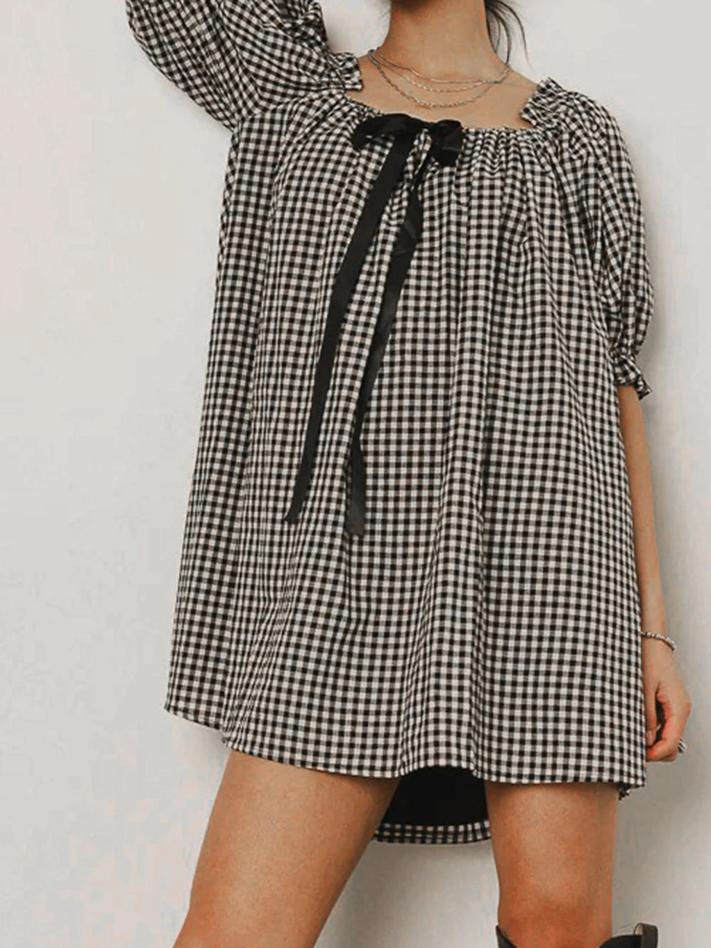Gingham Babydoll Mini Dress With Puff Sleeves And Bow
