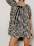 Gingham Babydoll Mini Dress With Puff Sleeves And Bow