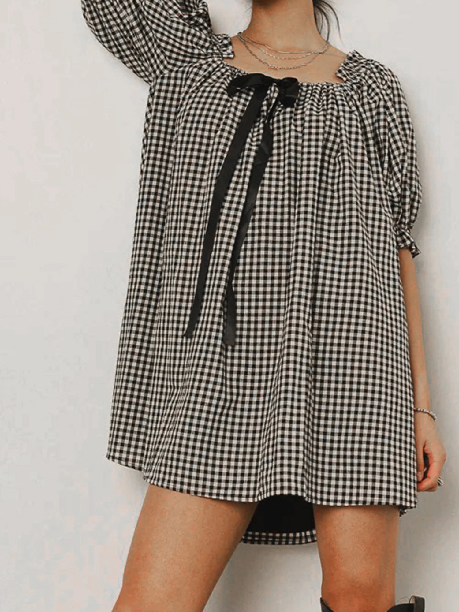 Gingham Babydoll Mini Dress With Puff Sleeves And Bow