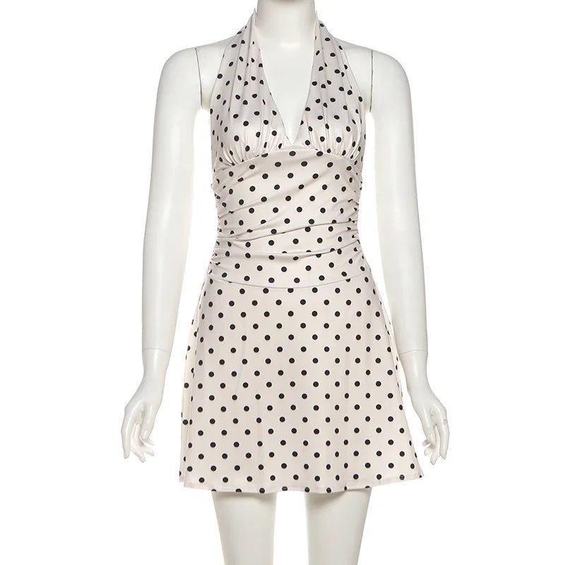 Polka Dot Halter Mini Dress With Ruched Backless Detail