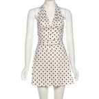 Polka Dot Halter Mini Dress With Ruched Backless Detail