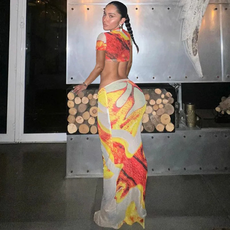 Beach Print Set With Crop Top And Long Dress