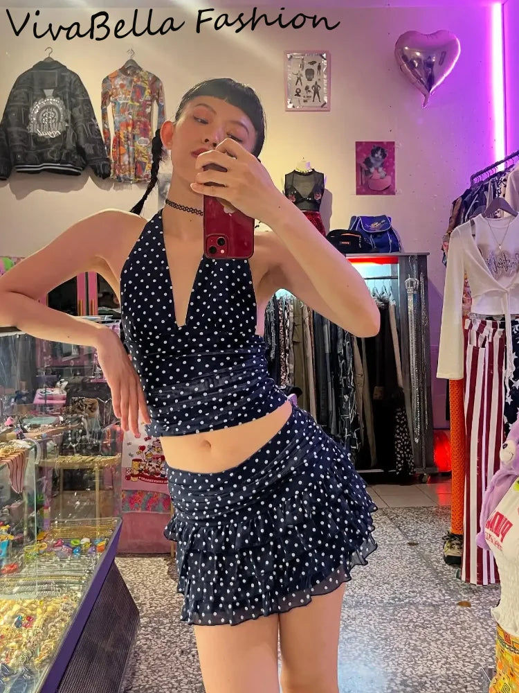 Polka Dot V Neck Halter Top Set With High Waist Ruffle Hem Mini Skirt