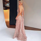 Floral Lace Up Chiffon Maxi Dress With Side Slit Backless