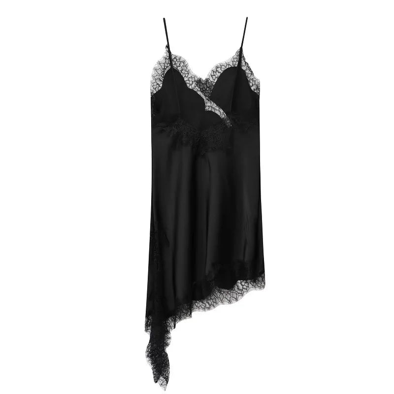 Lace Slip Mini Dress With Satin Backless Asymmetric Cut
