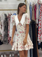 Puff Sleeves Ruffled Mini Dress With Pearl Buttons