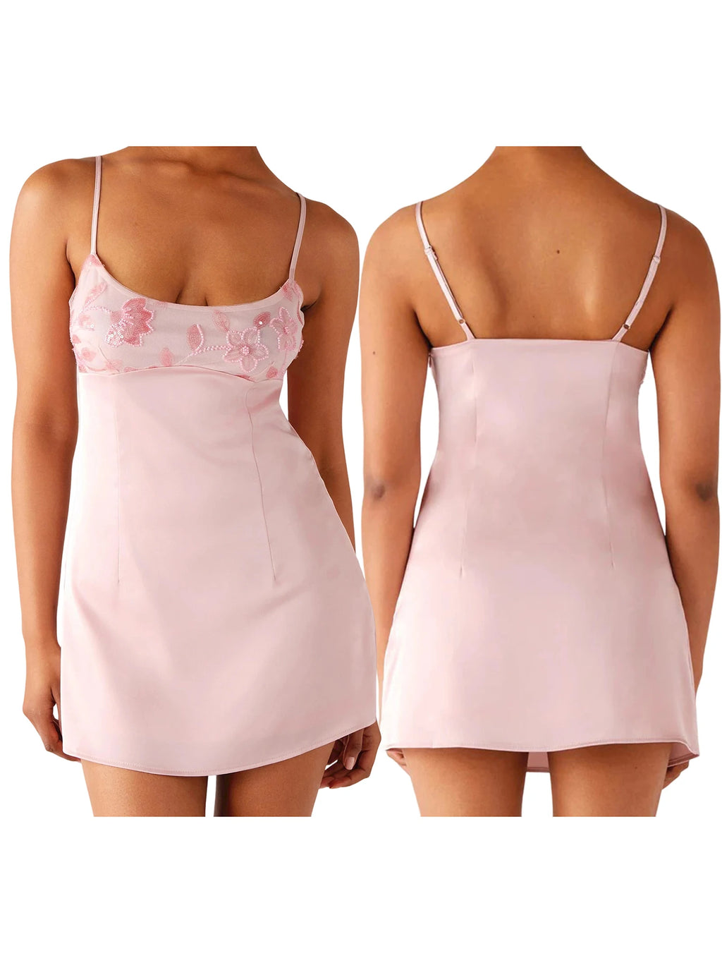 Sequin Flower Embroidered Square Neck Spaghetti Strap Mini Dress