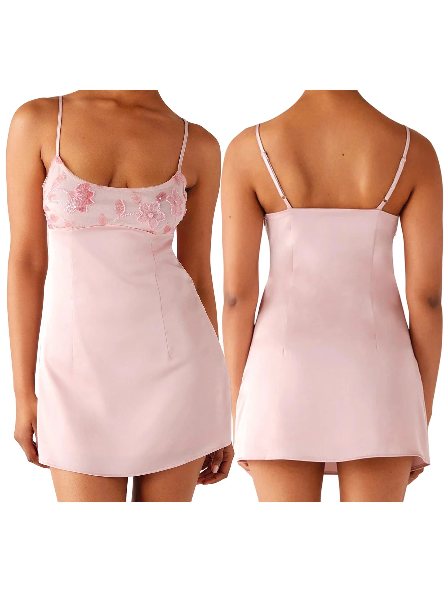 Sequin Flower Embroidered Square Neck Spaghetti Strap Mini Dress