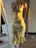 See Through Two Piece Set With Ruffles Patchwork Camisole And Tiered Skirts