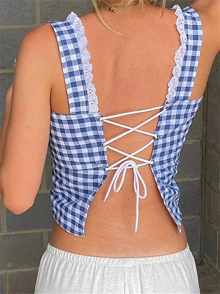 Retro Plaid Tank Top With Lace Trim Sleeveless Cropped Button Down Backless