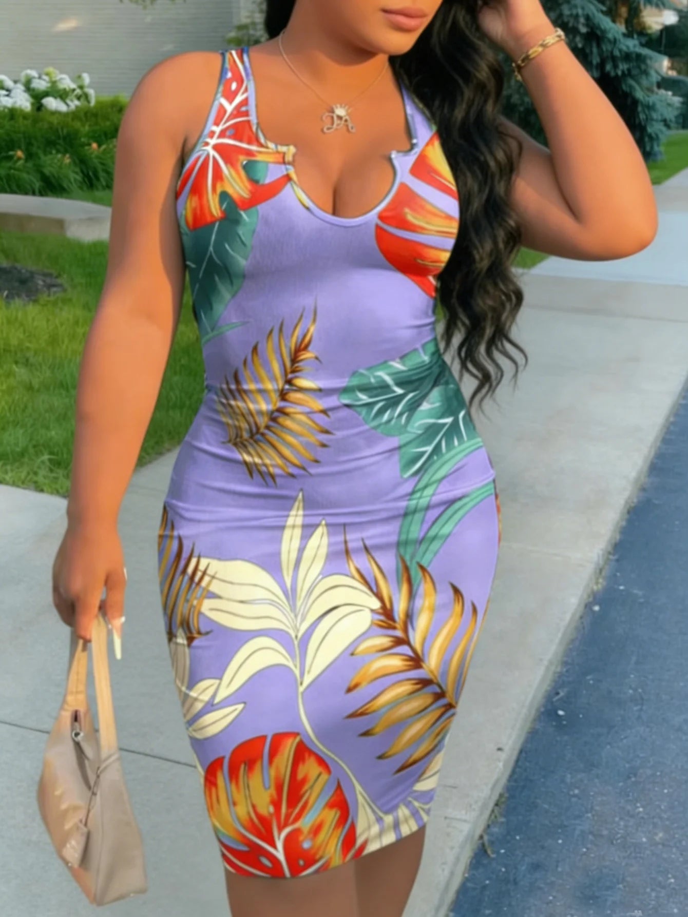 Plus Size Sleeveless Notched U Neck Tropical Print Bodycon Mini Dress