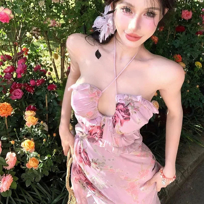 French Lace Trim Floral Neck Hanging Strap Dress