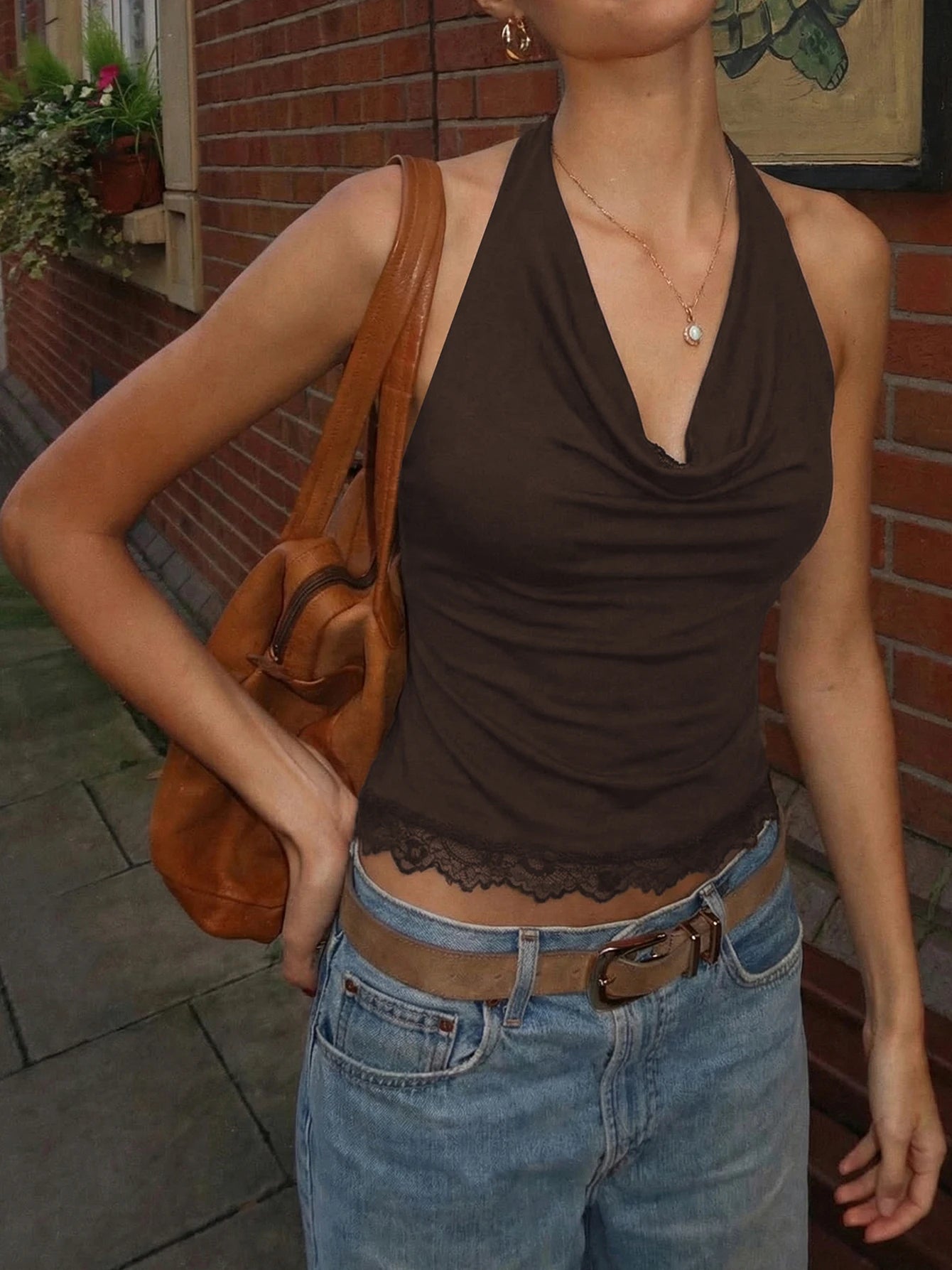 Backless Halter Knit Tank With Lace Up Details And Swing Collar
