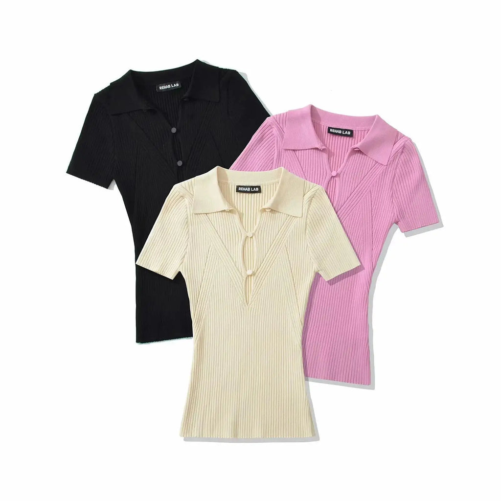 Knit Turn Down Collar Pullover For Women Slim Stretch Short Sleeve Top