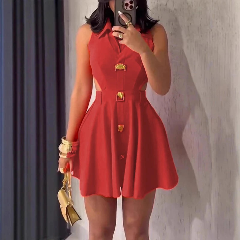 Solid Color Pleated High-Waist A-Line Dress
