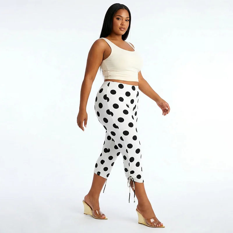 Polka Dot Patchwork Capri Pants With Drawstring Waist