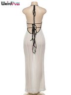 Backless Halter Dress in Color Block Lace Up