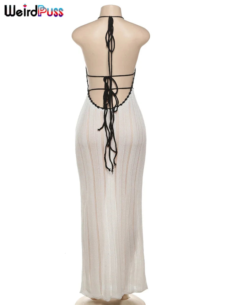 Backless Halter Dress in Color Block Lace Up