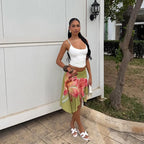 Boho Printed Long Skirt With High Waist And Irregular Hem Tassel Detail