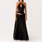 Two- piece Set With Ruched Maxi Skirt and Spaghetti Strap Halter Crop Top