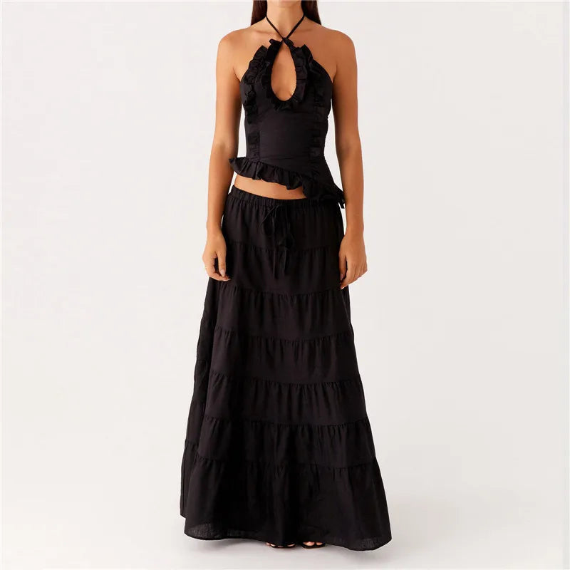 Two- piece Set With Ruched Maxi Skirt and Spaghetti Strap Halter Crop Top