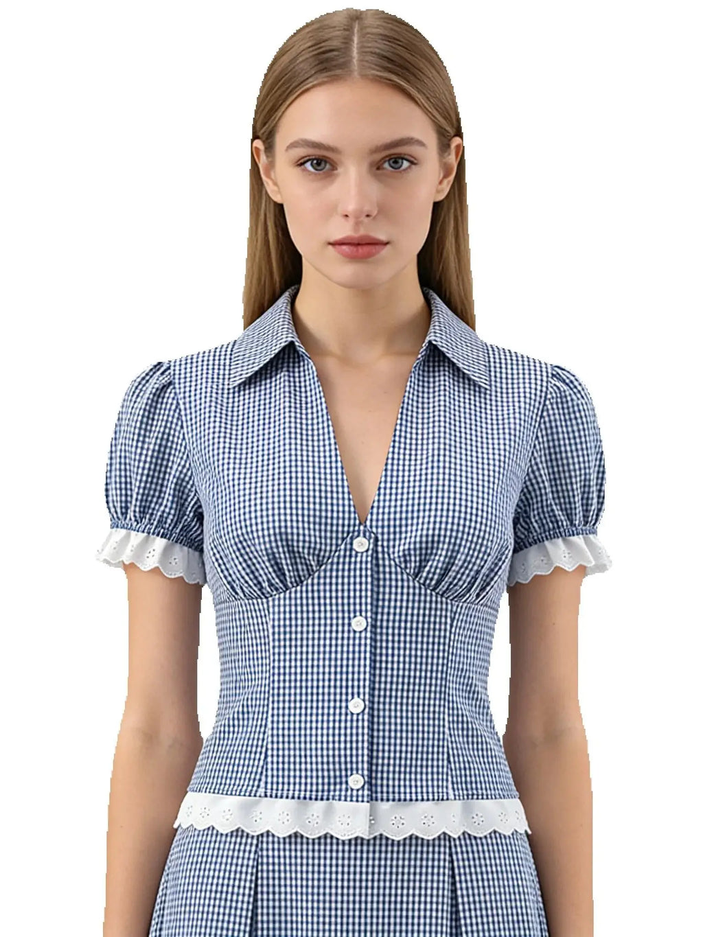Vintage Lapel Collar Puff Sleeve Lace Patchwork Sweet Plaid Single Breasted Blouse