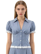 Vintage Lapel Collar Puff Sleeve Lace Patchwork Sweet Plaid Single Breasted Blouse