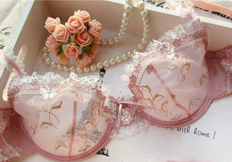 Lace Set With Embroidered Details Two-piece Sheer Push Up Bra And Matching Briefs