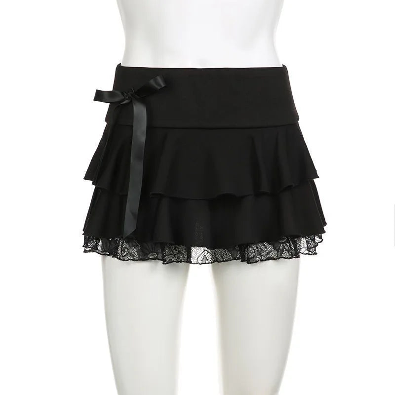 Black Tiered Mini Skirt With Lace Trim And Ribbon Bow A Line Grunge Lolita Look Vibe
