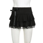 Black Tiered Mini Skirt With Lace Trim And Ribbon Bow A Line Grunge Lolita Look Vibe