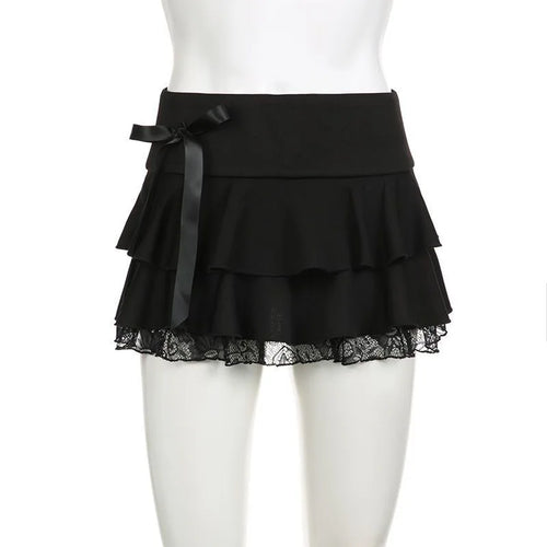 Black Tiered Mini Skirt With Lace Trim And Ribbon Bow A Line Grunge Lolita Look Vibe