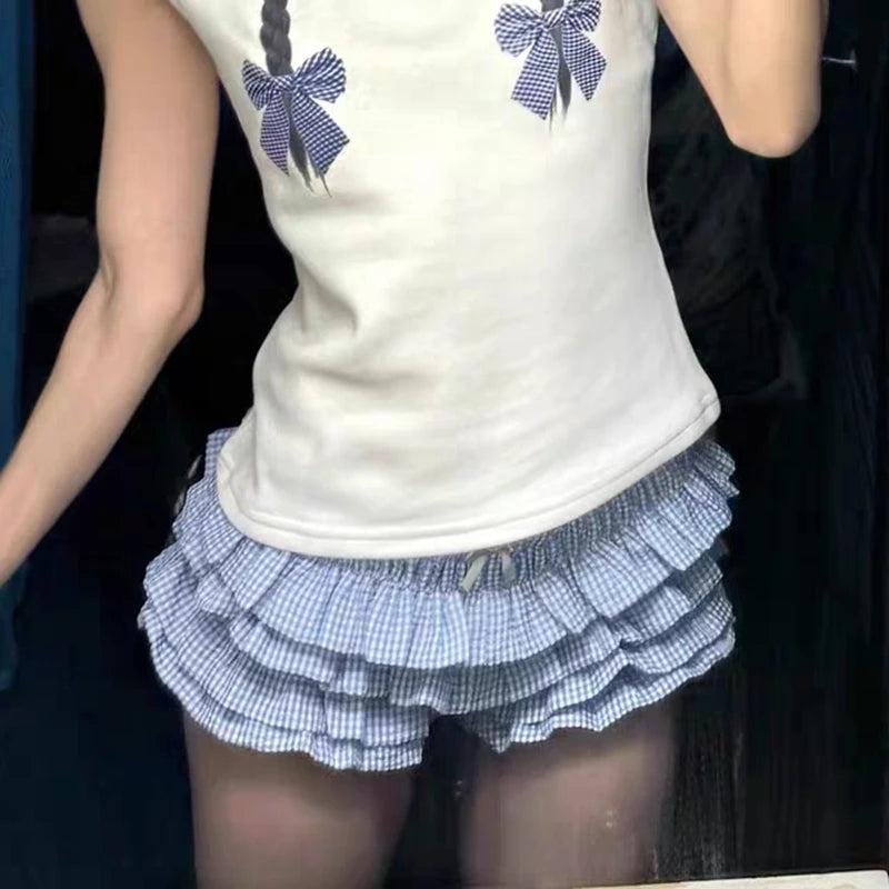 Layered Ruffle Plaid Shorts Lolita-Inspired Vintage Bloomers with Low Waist