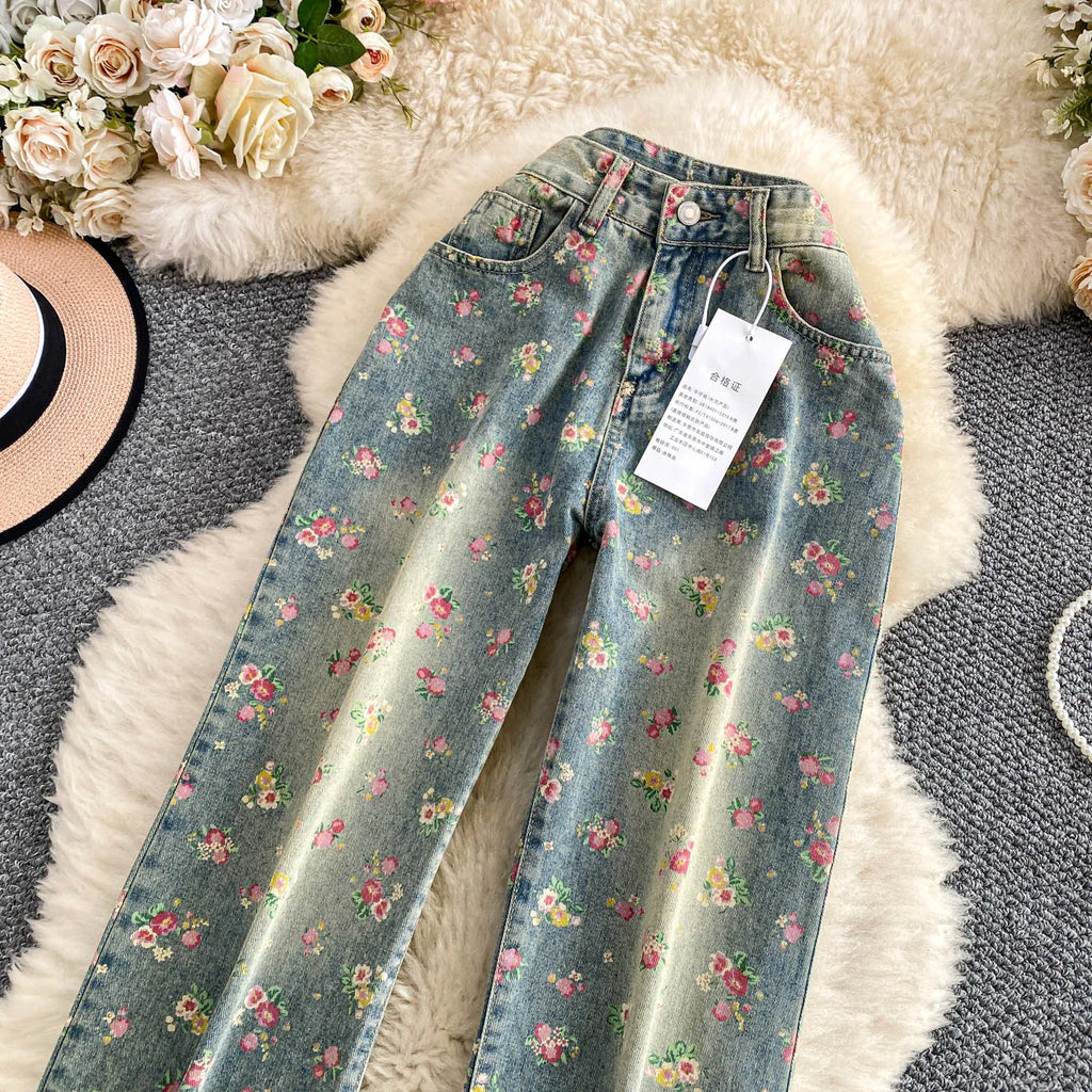 Floral Dream Denim Pants With Wide Leg Silhouette And High Waist
