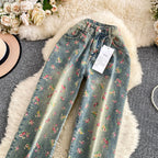 Floral Dream Denim Pants With Wide Leg Silhouette And High Waist