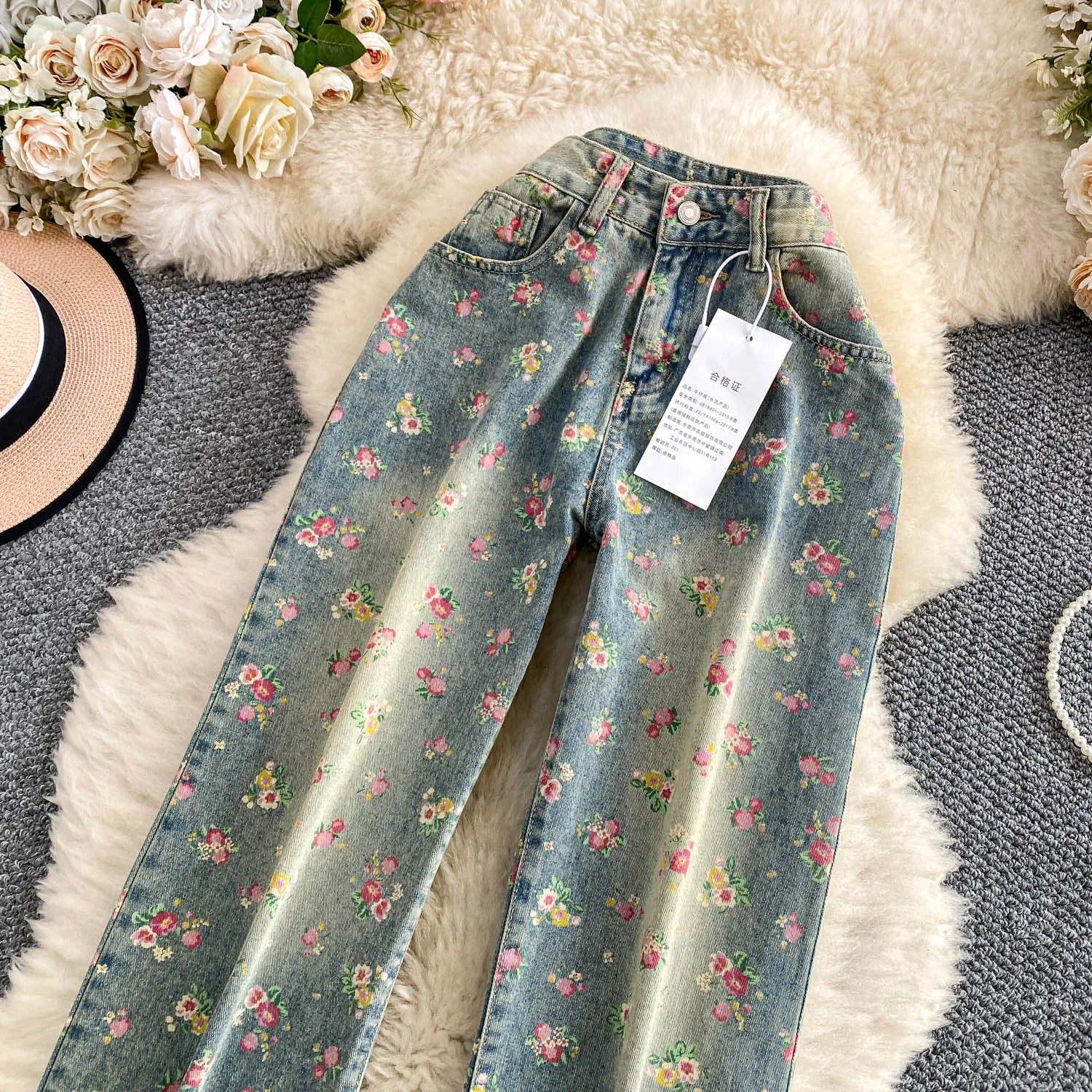 Floral Dream Denim Pants With Wide Leg Silhouette And High Waist