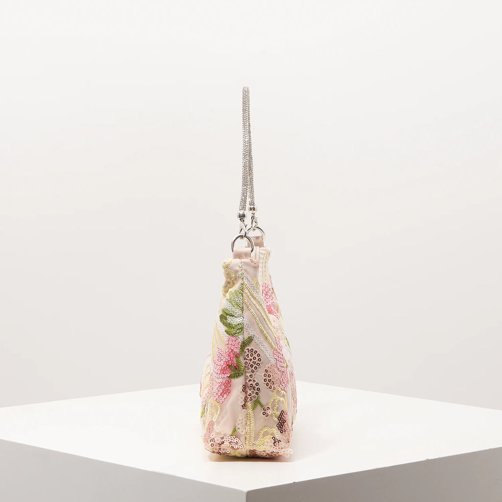 Floral Embroidered Sequin Shoulder Bag For Women Crescent Shape Evening Purse