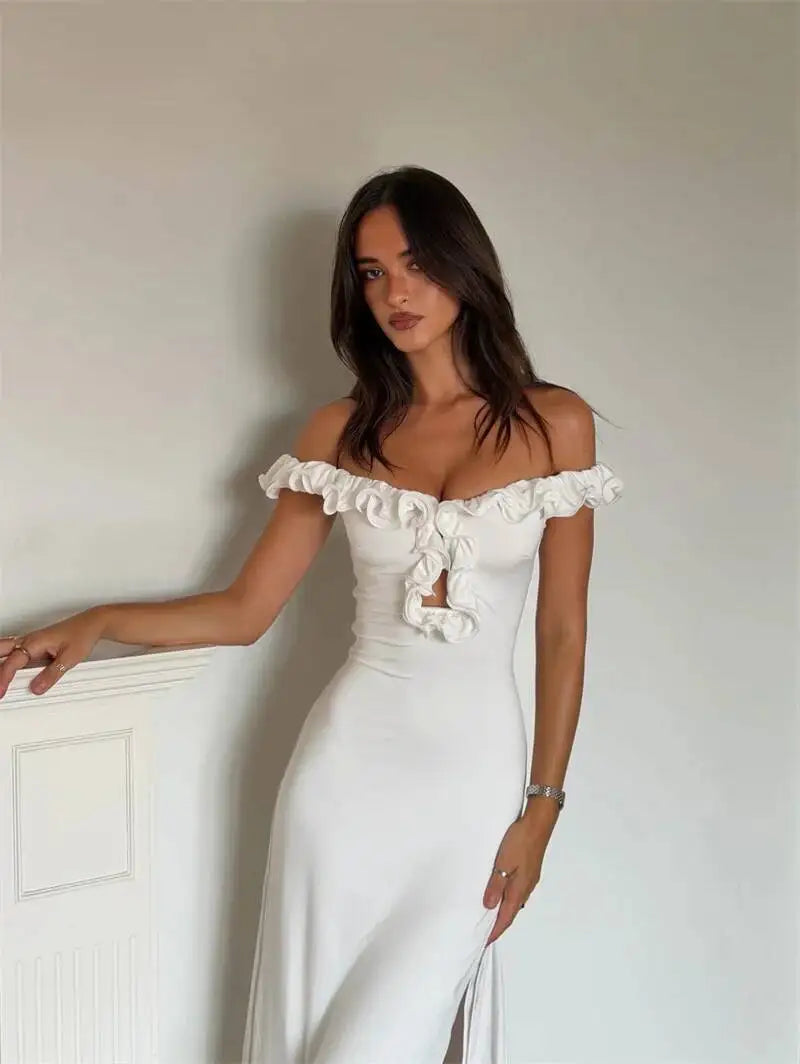 Off Shoulder Ruffle Midi Dress With Front Cutout High Waist Side Split