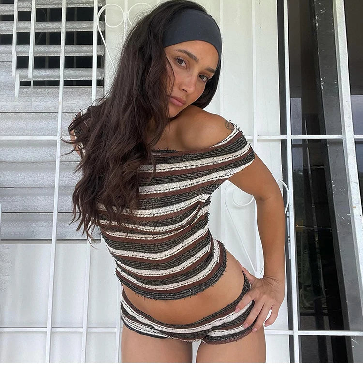 Striped Two Piece Crop Top And Shorts Set Summer Chic