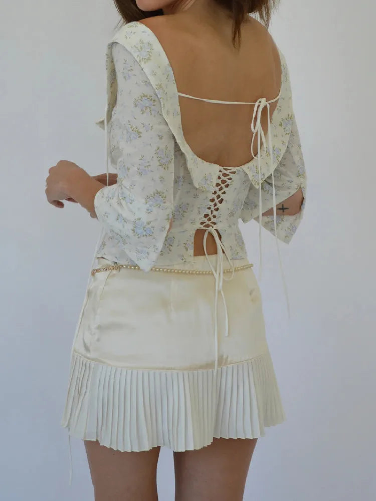 Floral Corset Style Crop Top With Cross Lacing And Ruffle Square Collar Three Quarter Sleeve