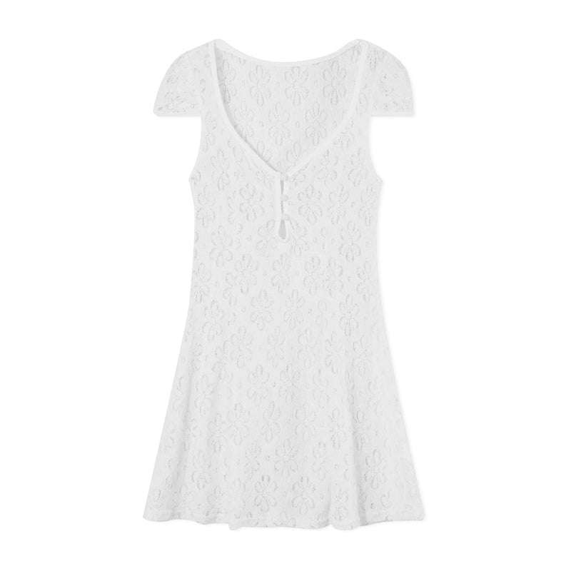 Sheer Lace Mini Dress With V Neck Short Sleeves Hollow Details